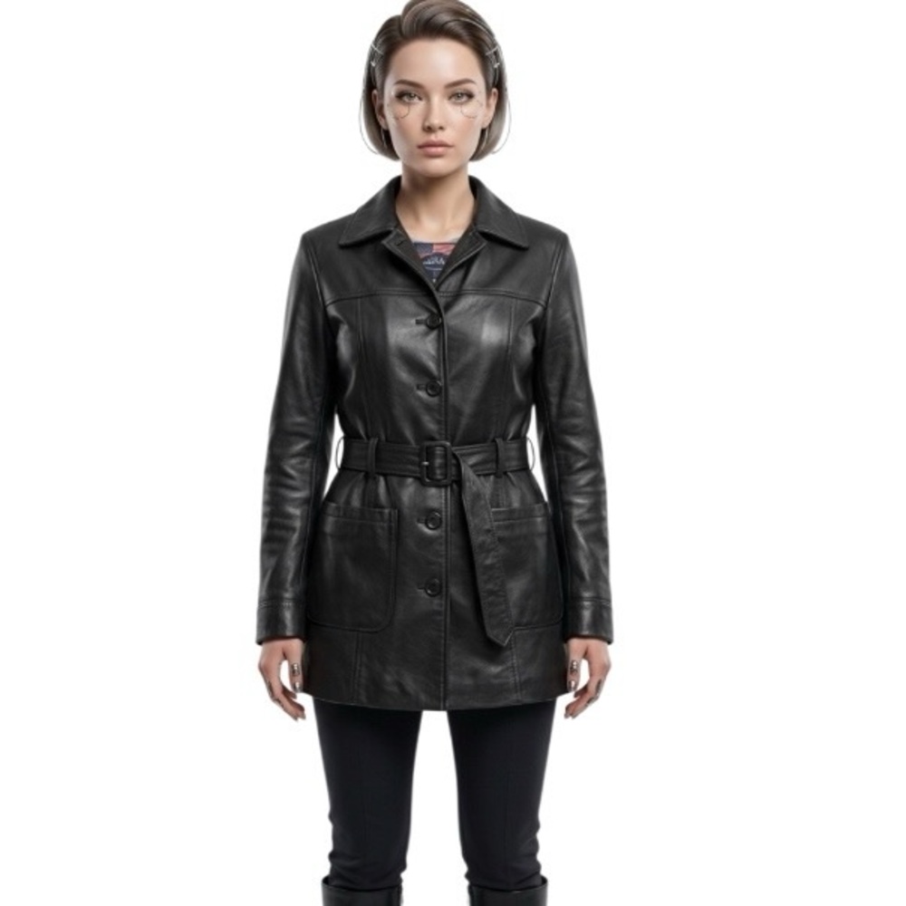 USA Leather Black Leather Coat Jacket Belted Trench Womens Size Large VINTAGE